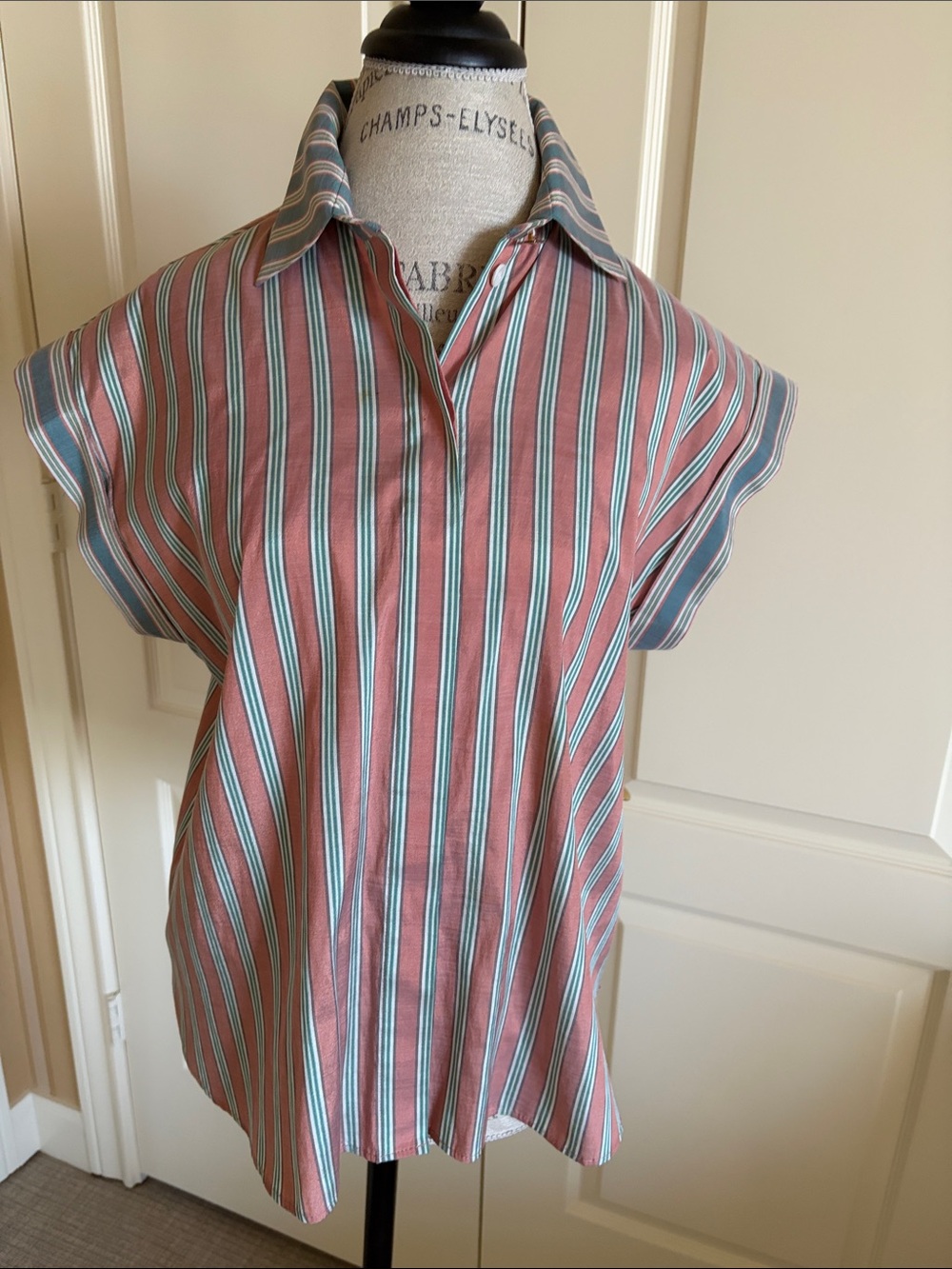 Sandro never worn Striped Collared Cap Sleeve Blouse - Pink & Blue